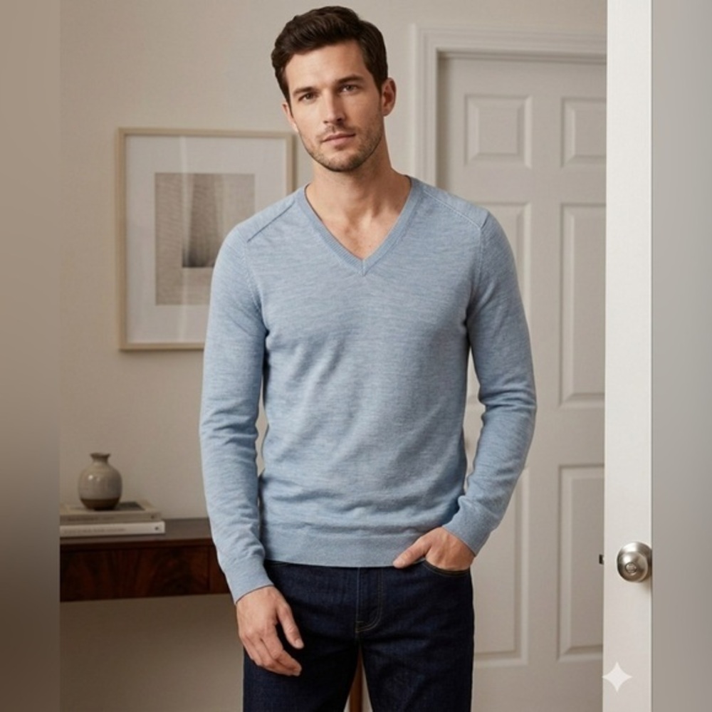 Vtg Banana Republic Men’s Medium Superfine Merino Wool V-Neck Sweater M Blue